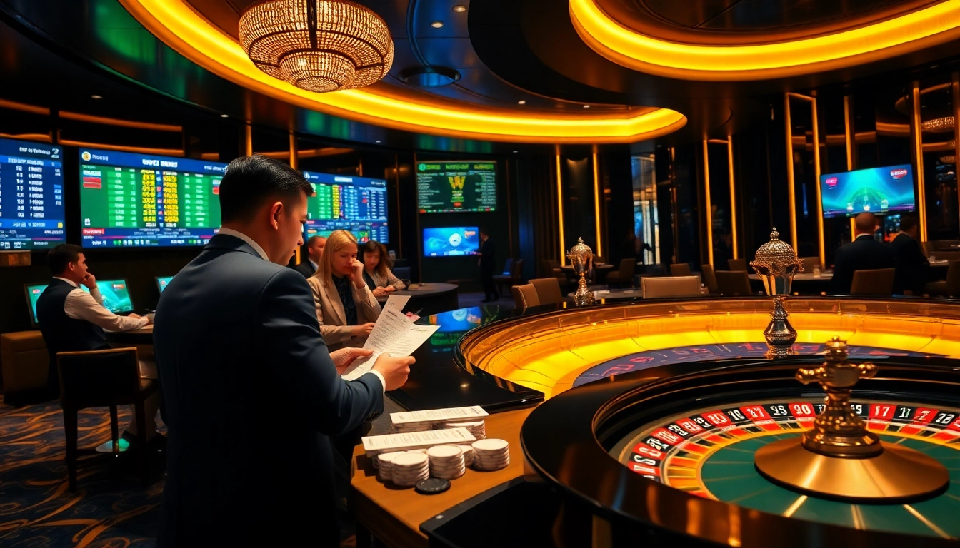 Enthusiastic bettors engaging with Agen Judi Bola in a luxurious sports betting environment, featuring vibrant screens and betting slips.