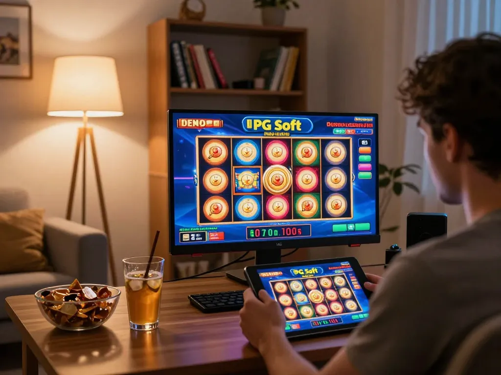 Pemain menikmati slot demo gratis PG Soft di tablet dalam pengaturan permainan yang nyaman, gulungan yang cerah ditampilkan.