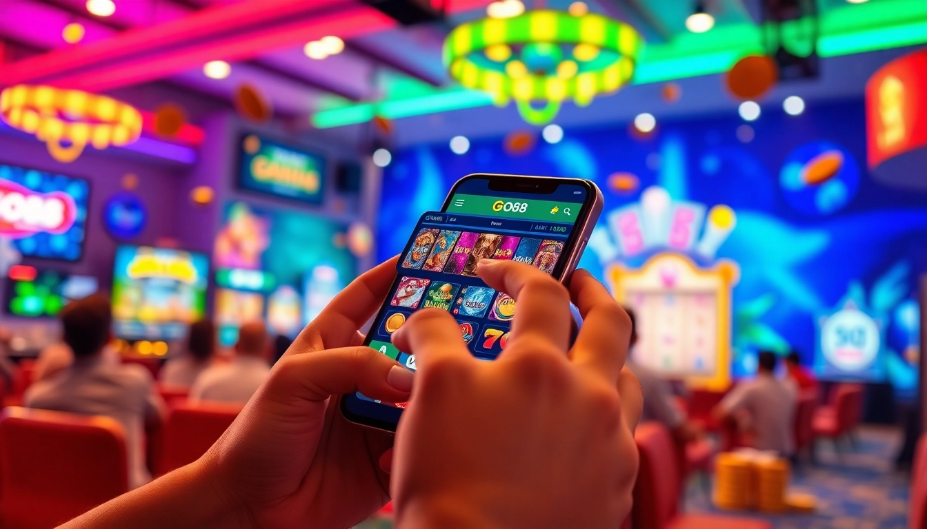Tải GO88 app interface displayed on a smartphone surrounded by gaming icons and rewards.