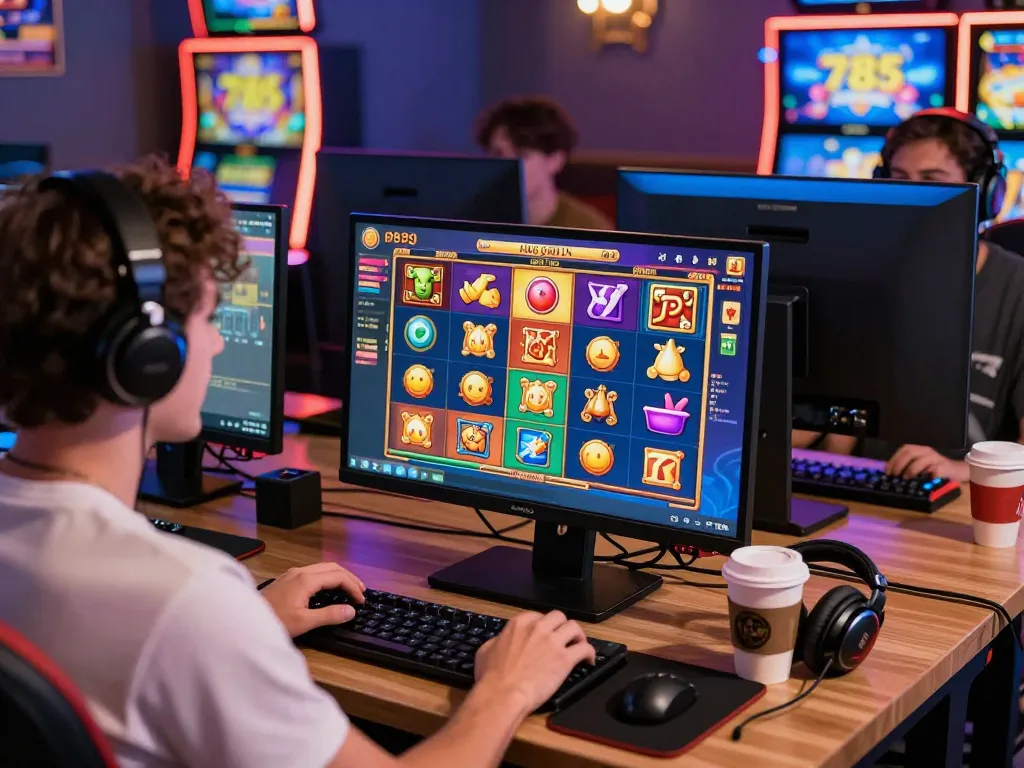 Penyetelan permainan online yang menarik dengan antarmuka slot785 yang menampilkan simbol-simbol berwarna dan pemain yang menikmati permainan.