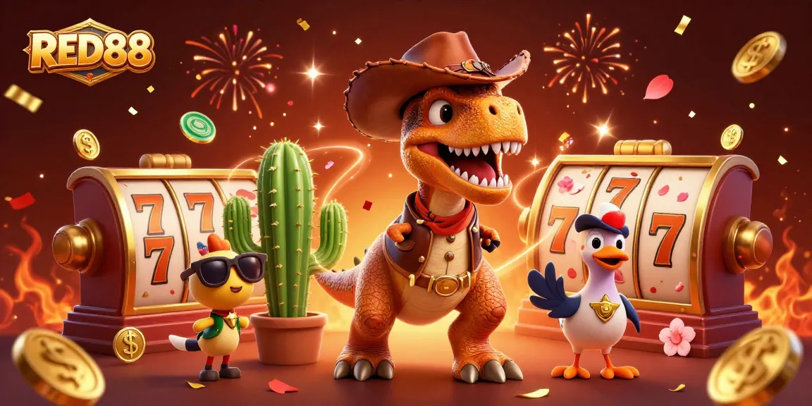 Engage in thrilling gaming at RED88 with a vibrant illustration capturing casino excitement and luck.
