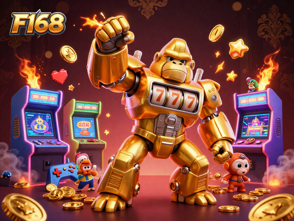 Experience F168’s exciting gameplay with a golden gorilla mech smashing through coins and game elements.