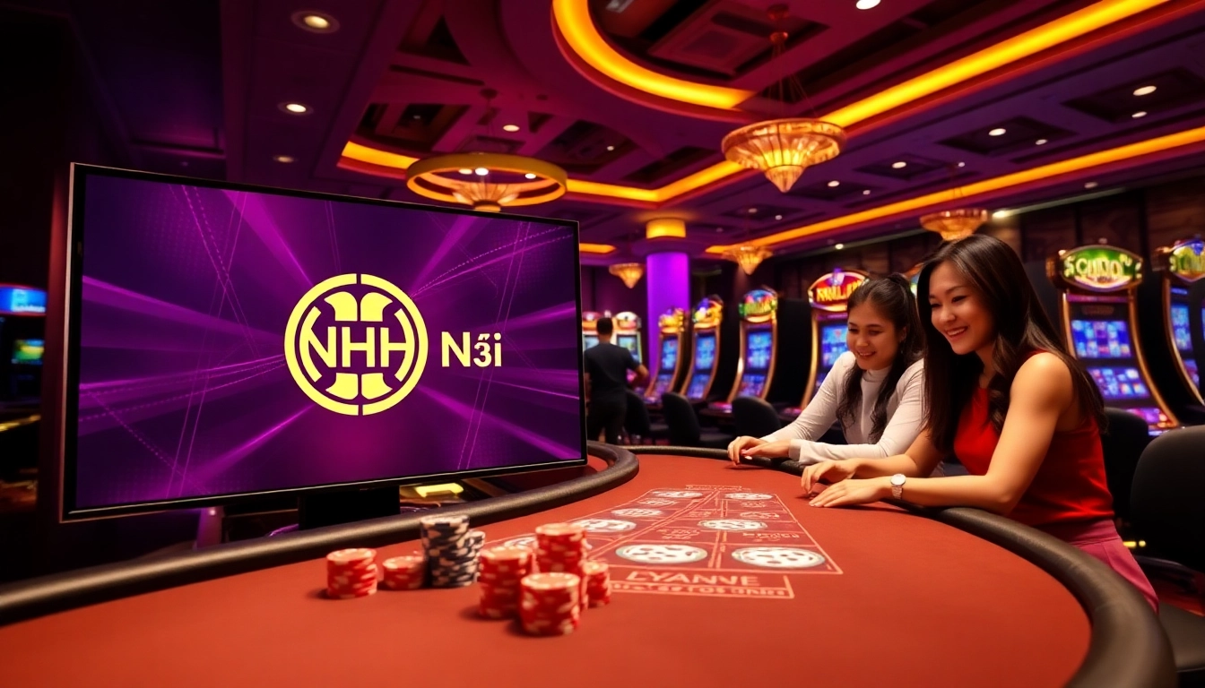 Exciting NHÀ CÁI VA88 online casino scene showcasing poker chips and slot machines.