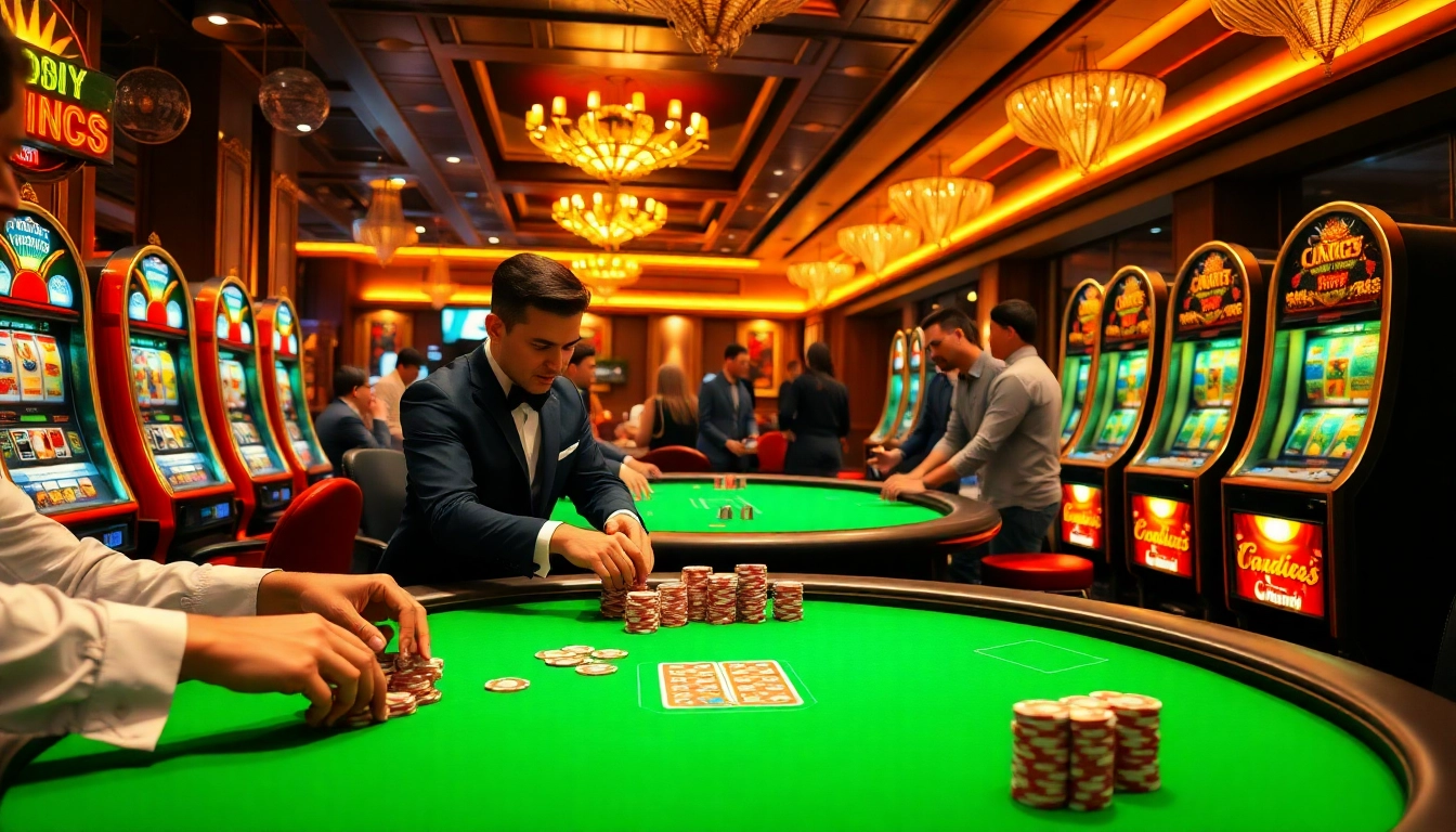 Exciting gaming scene at rr88 gratis casino with poker and slot machines.