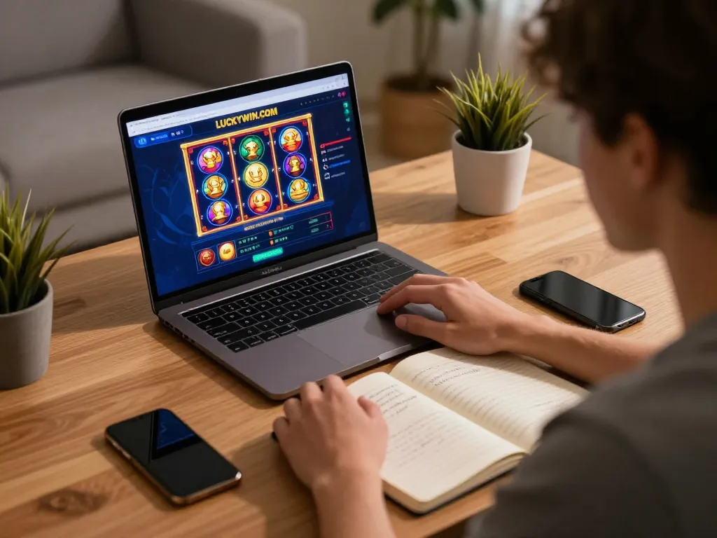 Engaging gameplay on LUCKYWIN.COM with a focused player analyzing strategy notes beside a laptop.