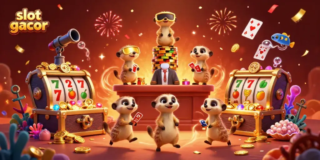 Experience thrilling slot gacor action with animated meerkats in a vibrant casino setting.