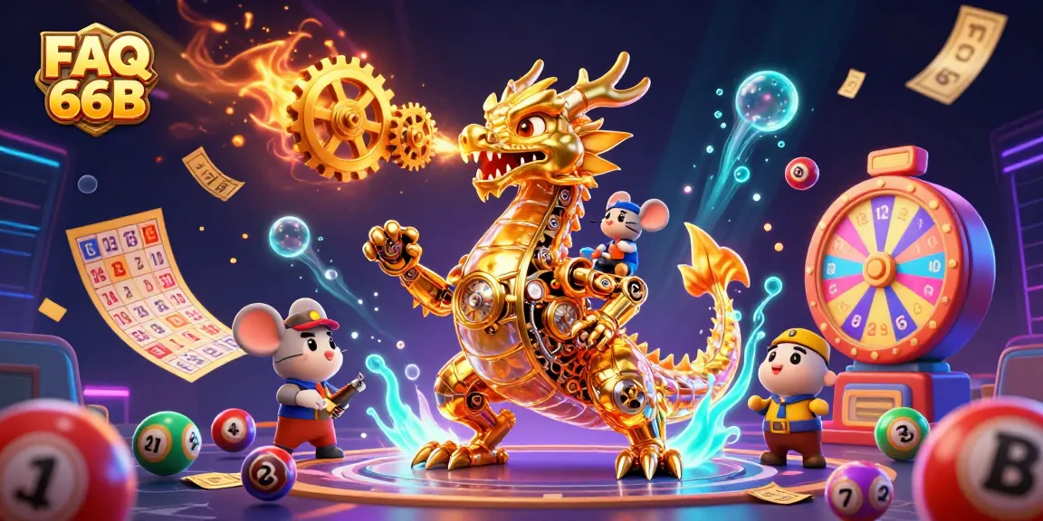 FAQ 66B highlights fun gambling activity with colorful lottery balls and a mechanical dragon.