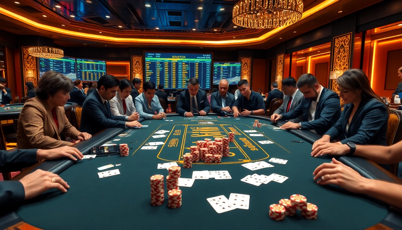 Agen Judi Bola players strategizing at a professional casino table, showcasing excitement and luxury in sports betting.