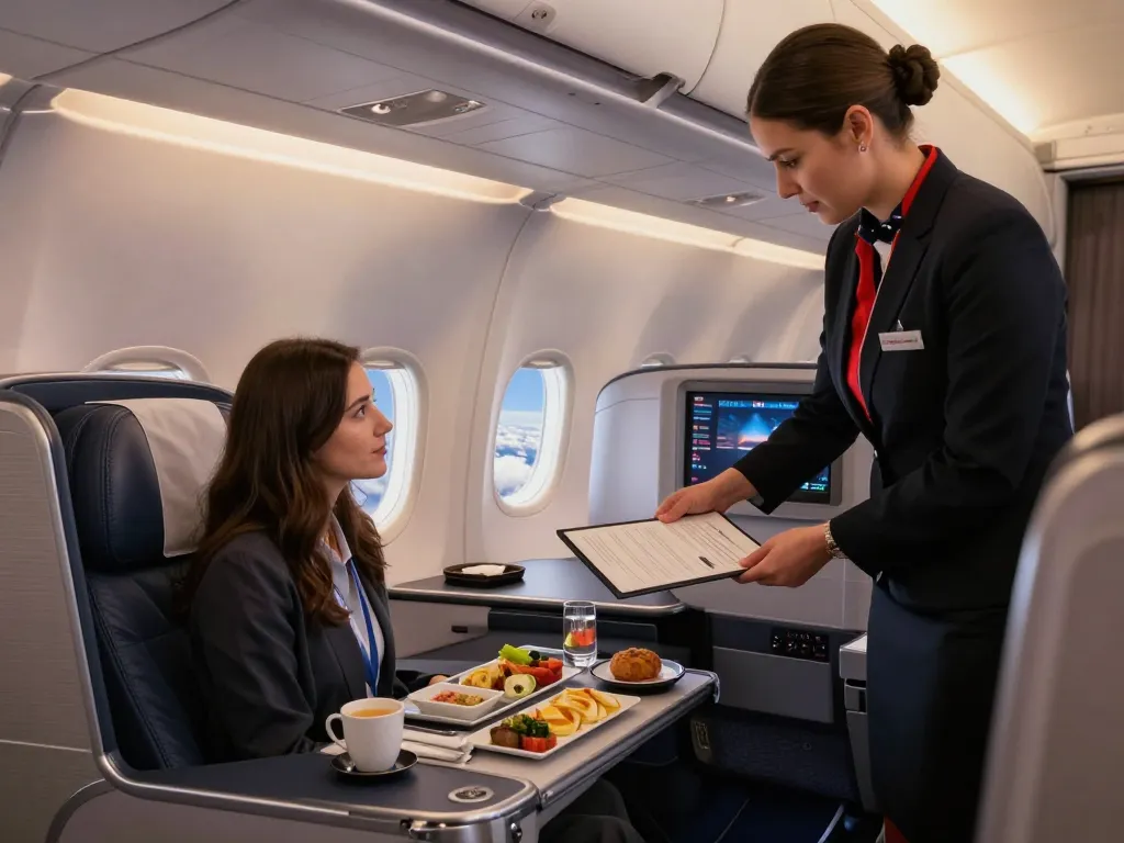 Passenger enjoying a luxurious meal on the American Airlines 789P in premium cabin.