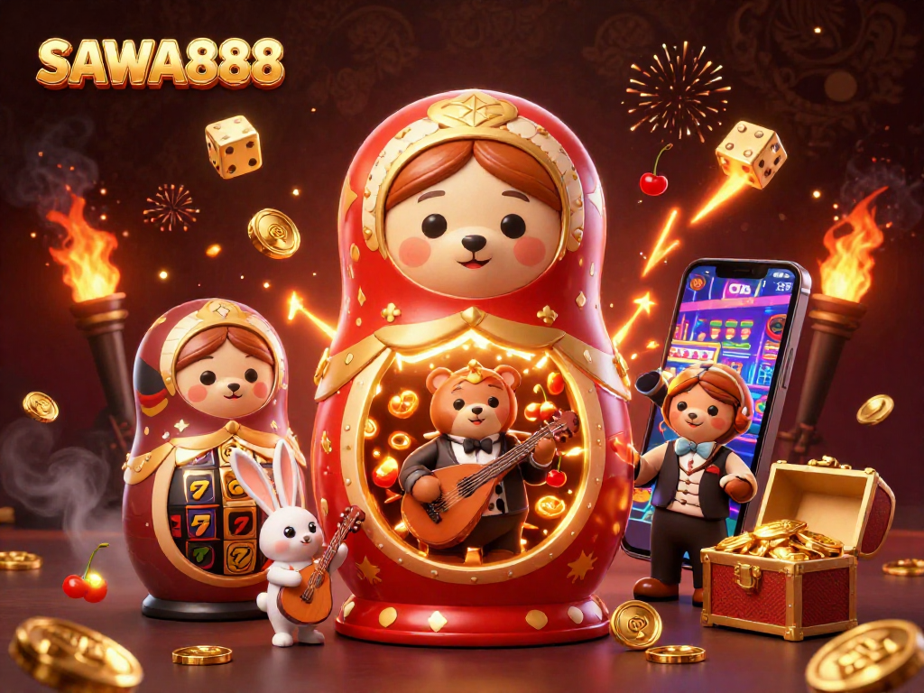 Experience thrilling gameplay with SAWA888 featuring animated casino scenes and vibrant slot elements.
