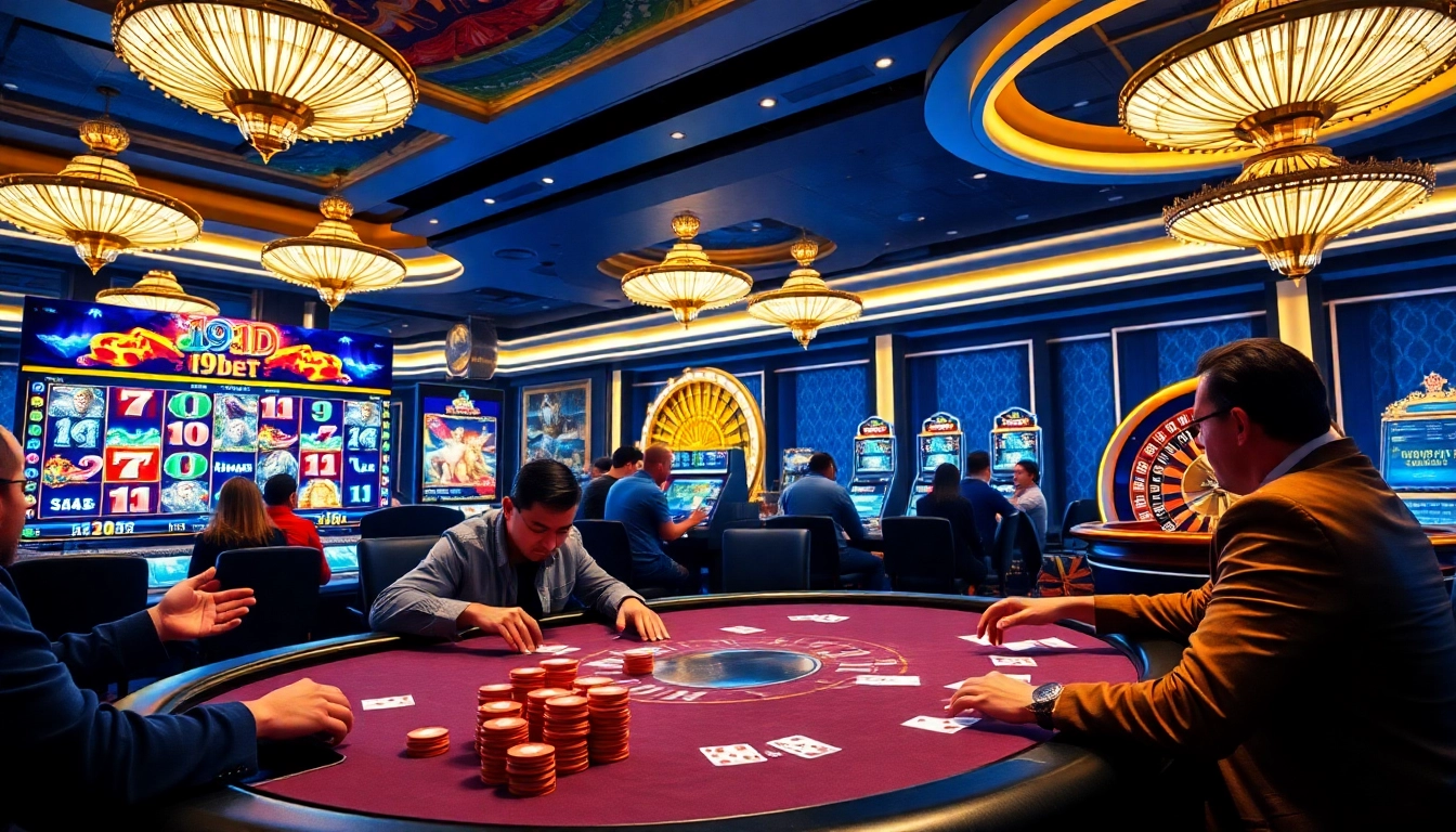 Experience the excitement at i9bet with a thrilling casino scene featuring poker, roulette, and slots.