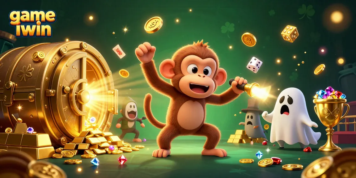 Engage with the game iwin in a vibrant casino scene featuring a playful monkey and a ghost-hunter.