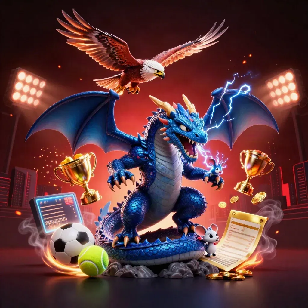 Thunder dragon, winged hawk, and static mouse amid sports balls, trophy, coins, and blue lightning.