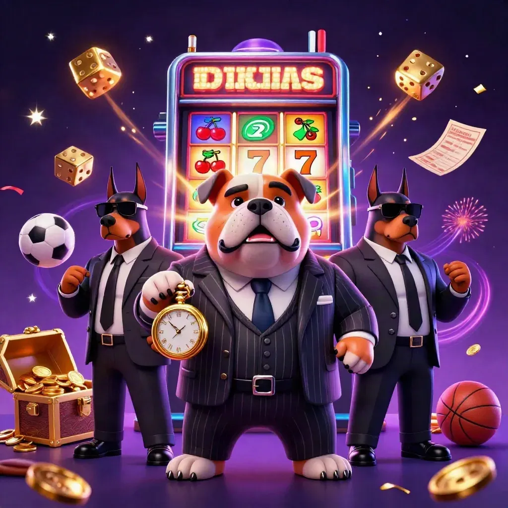 Bulldog mob boss and Dobermans amid slot-machine jackpot chaos, neon casino art.
