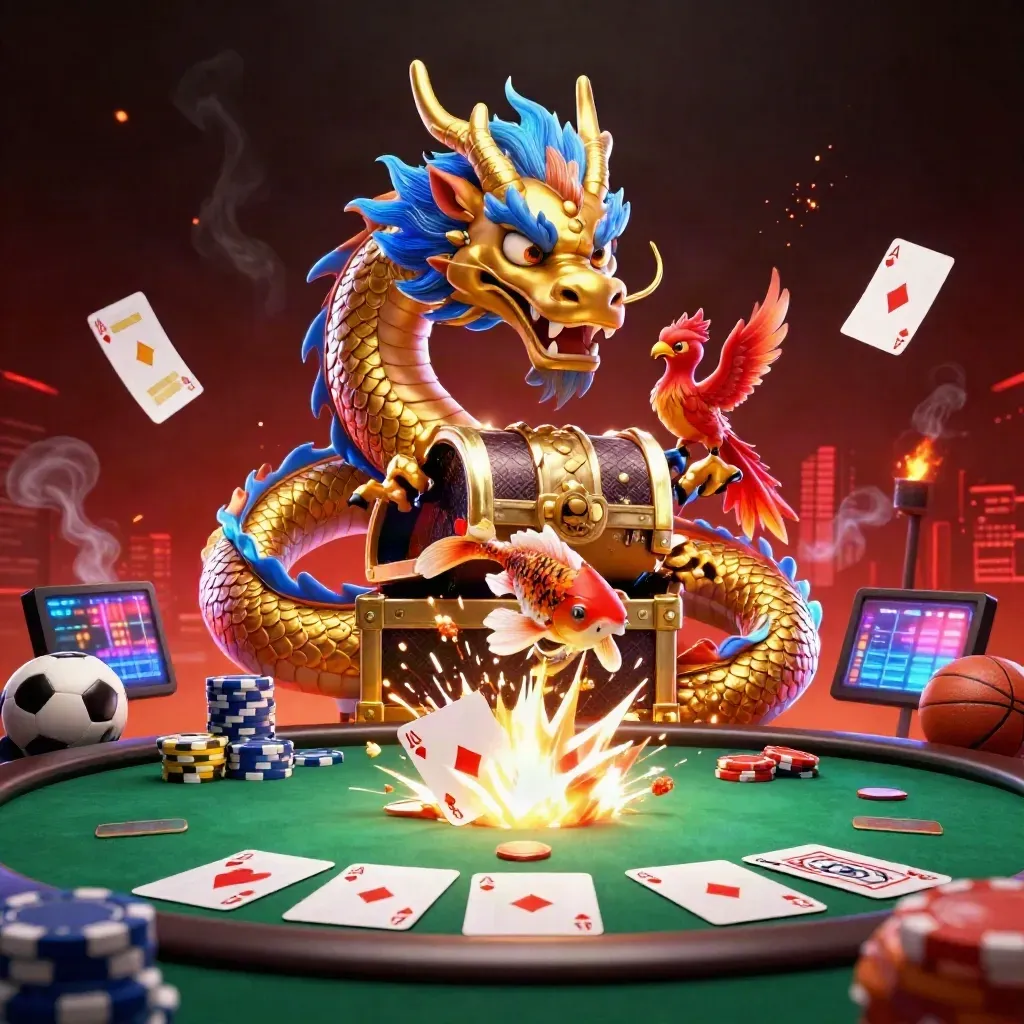 Golden dragon with phoenix and koi amid poker chips, cards, and neon casino light.