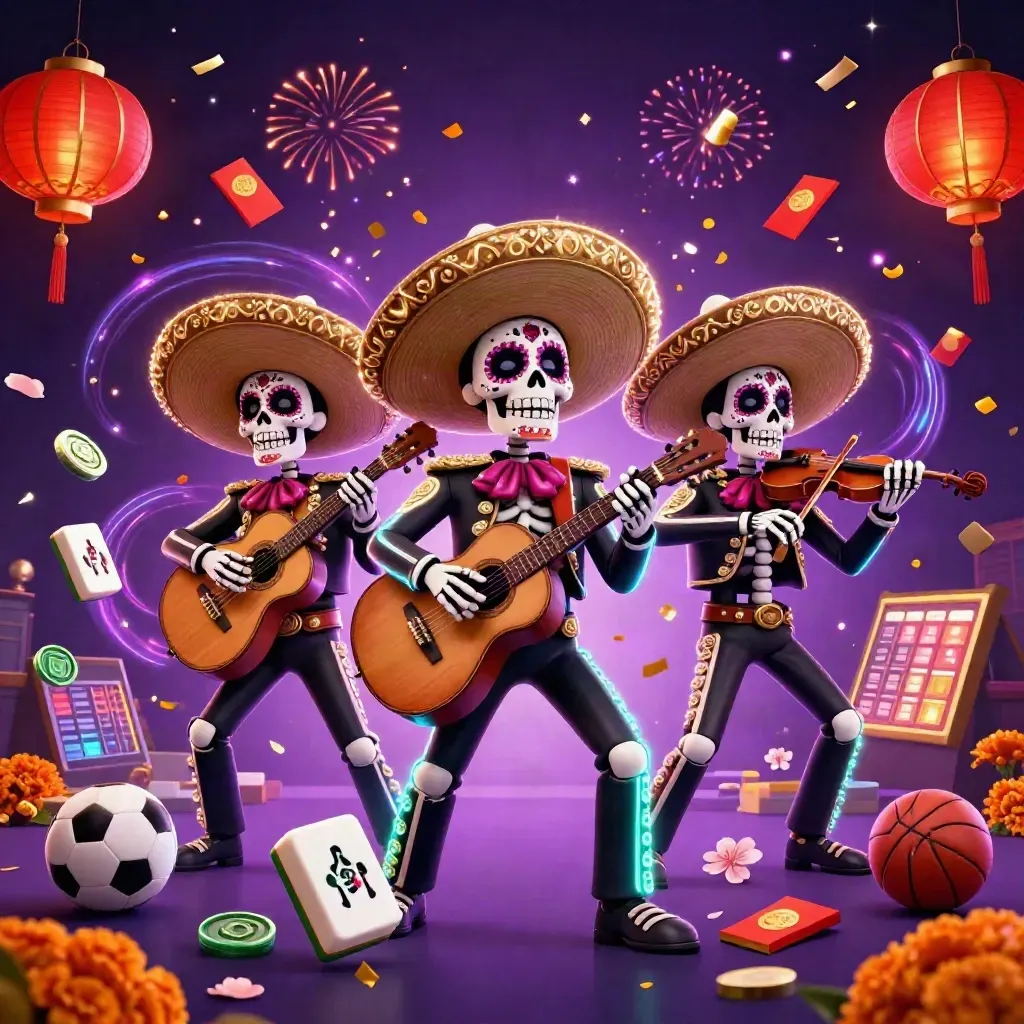 Day-of-the-Dead mariachi skeleton trio amid neon casino magic and floating game props