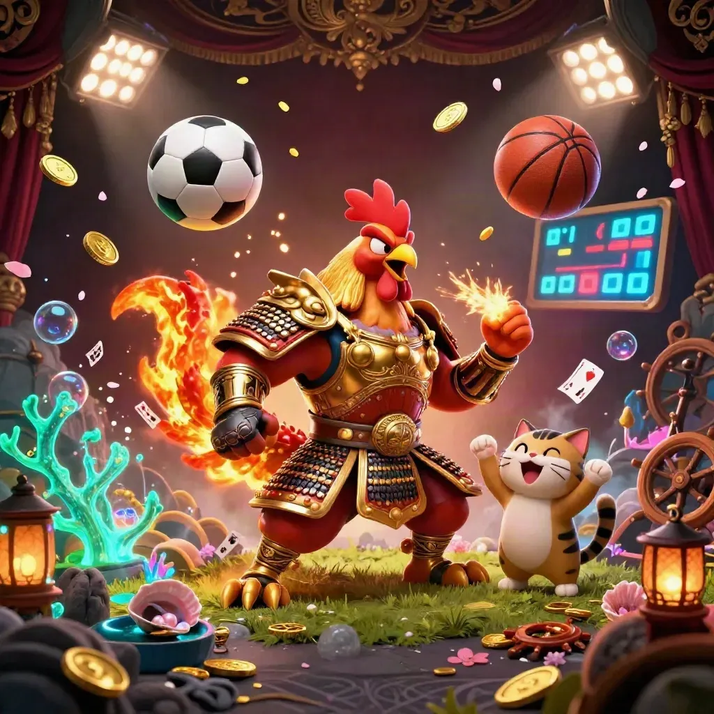 Rooster warrior, dragon hatchling, and fortune cat amid balls, coins, and neon casino chaos