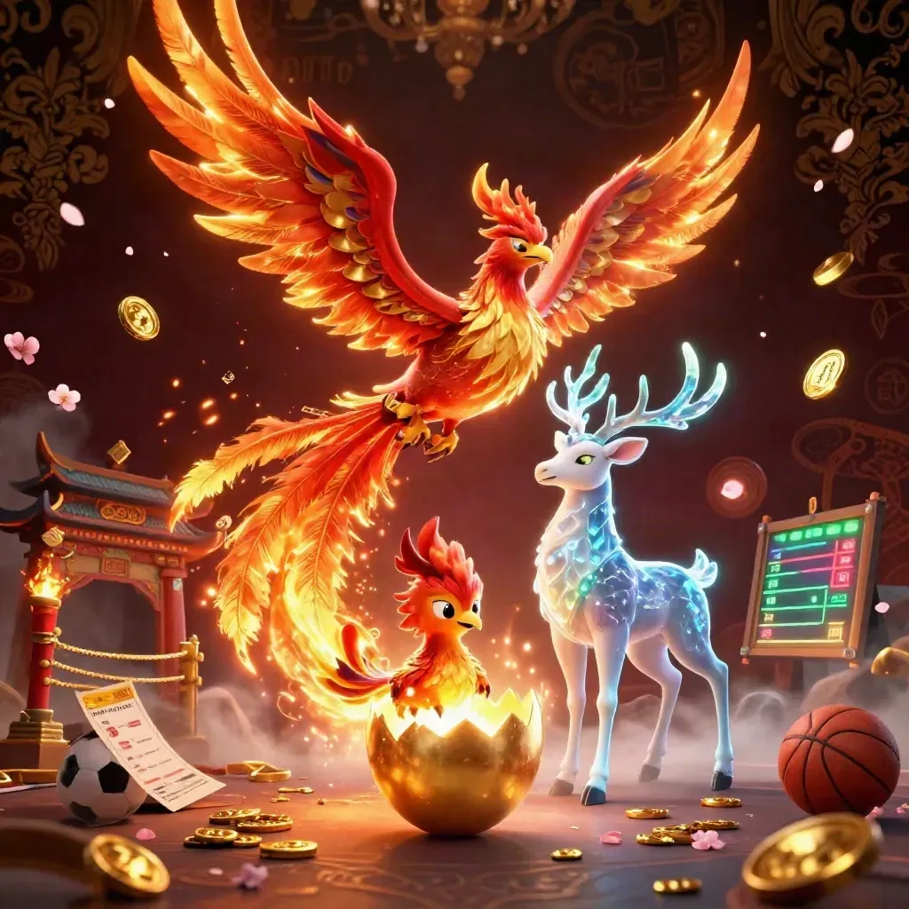 Fire phoenix, baby phoenix, and crystal-antler stag amid casino fantasy effects and sports icons.