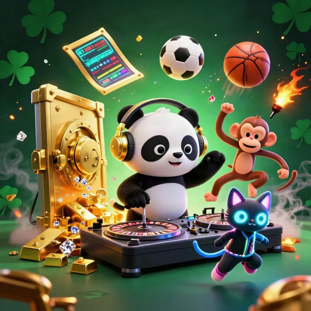 Panda DJ, monkey, and kitten explode through casino lights amid gold, balls, and sparks.