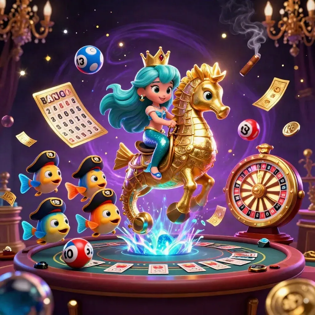 Mermaid princess on a golden seahorse amid casino glow, lottery balls, wheels, and starry magic.