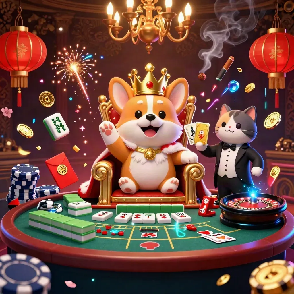 Royal corgi and cat butler in a neon casino with lanterns, jade coins, and glowing roulette.