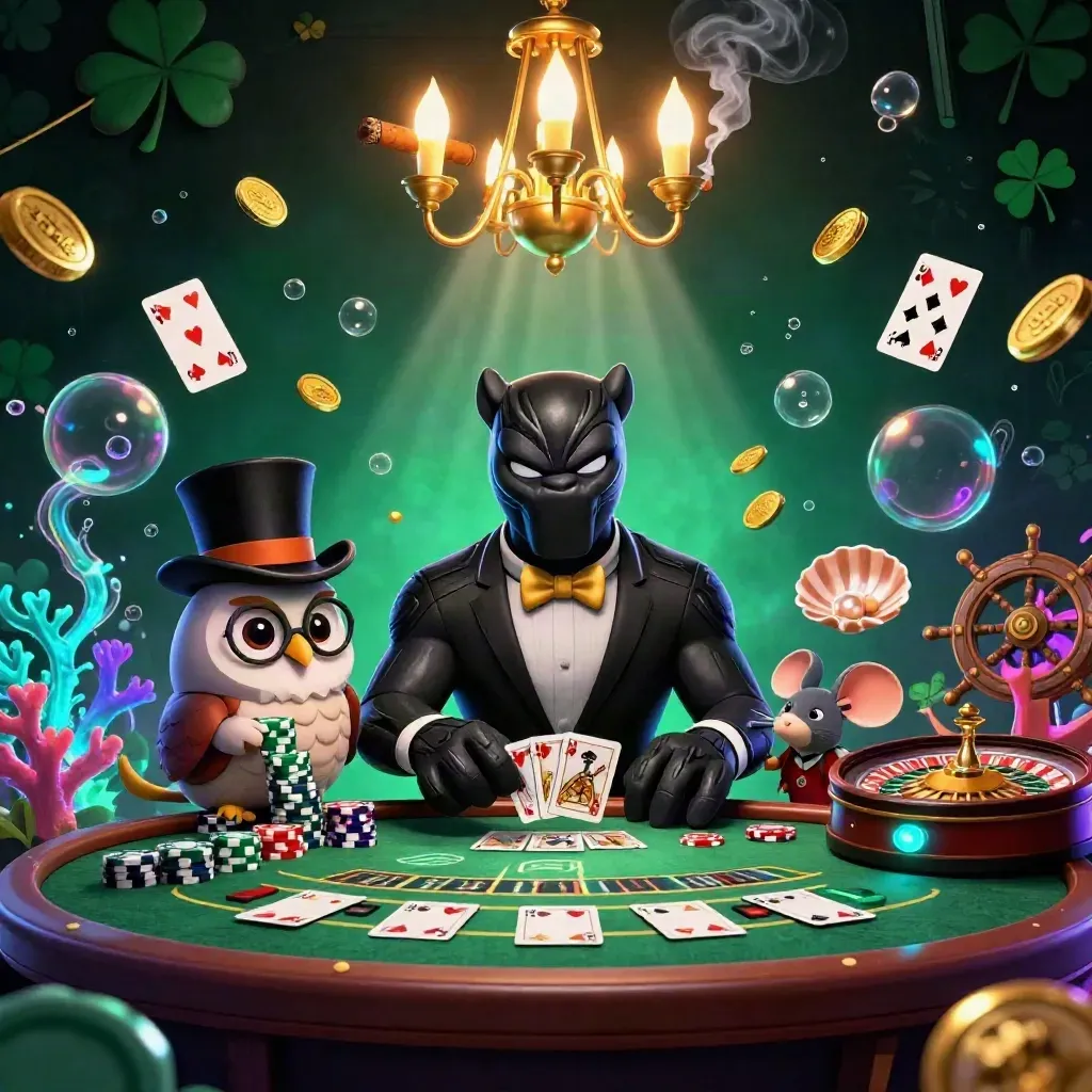 Panther, owl, and mouse at a glowing underwater casino table with treasure and cards.