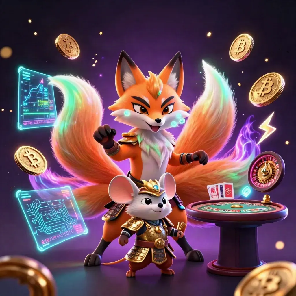 Neon fox spirit and armored samurai mouse amid casino magic, coins, lightning, and glowing effects.