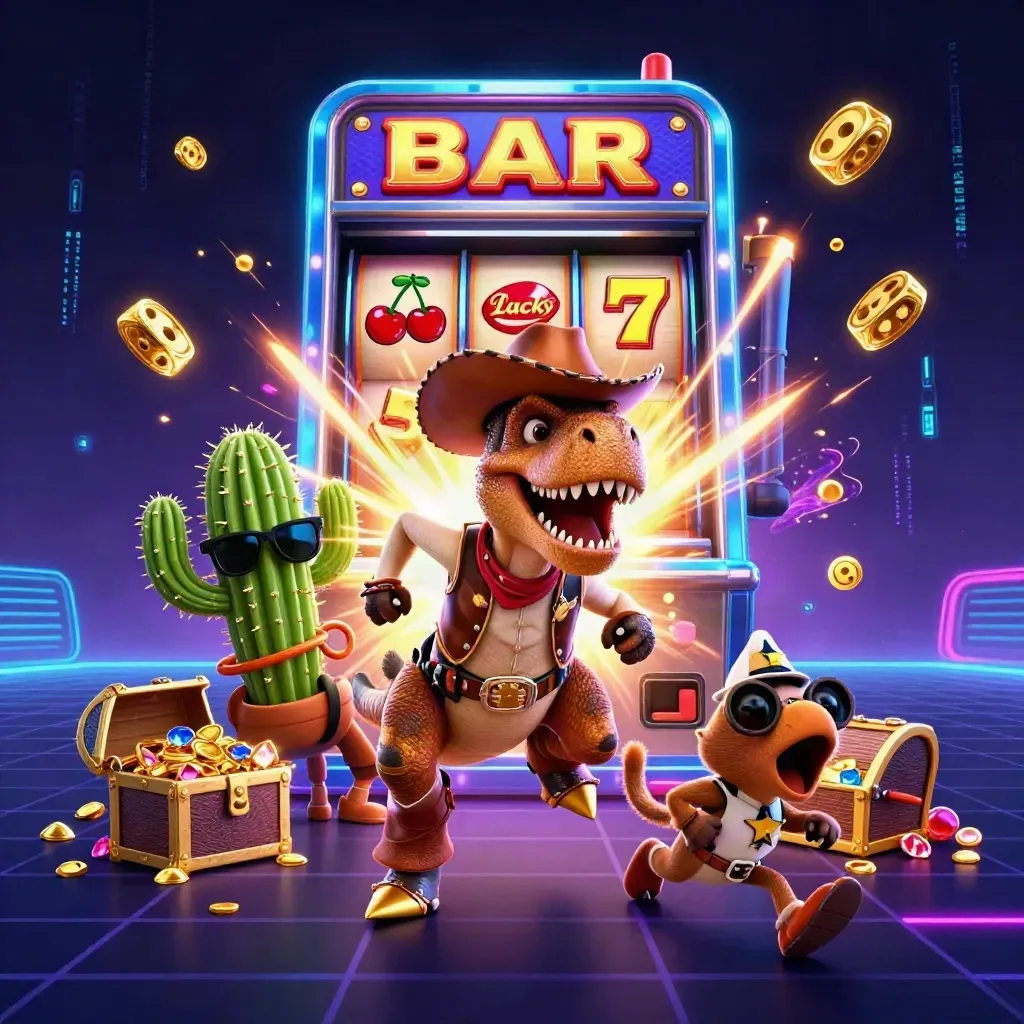 Cowboy T-Rex, cactus, and roadrunner burst from a neon slot machine with gold and blue energy