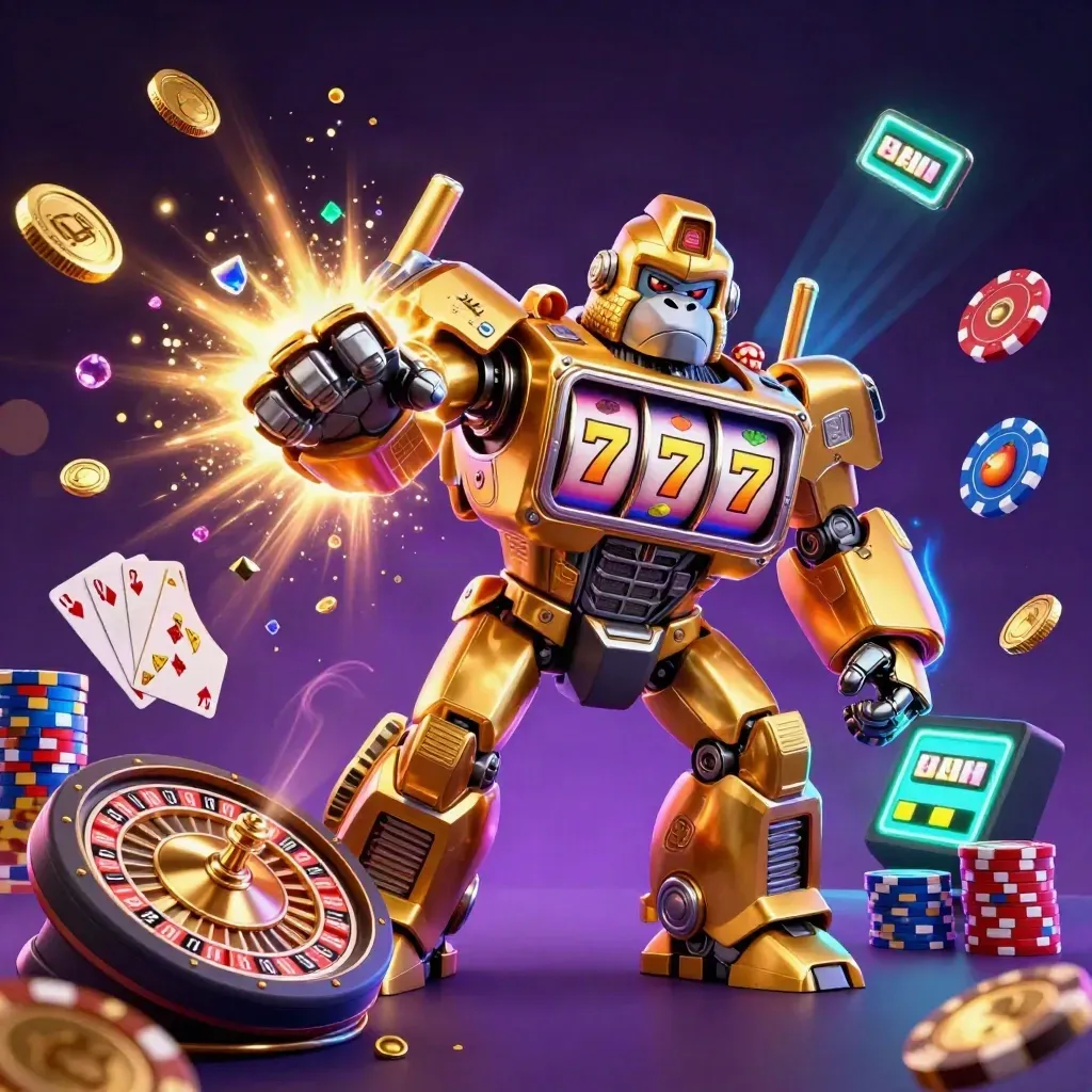 Golden slot-mech gorilla with monkey pilot, coins and gems exploding in a neon casino burst.