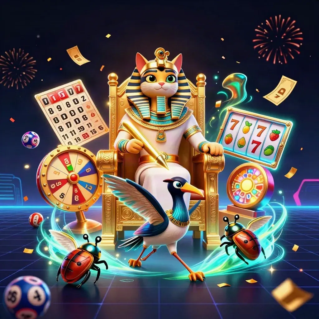 Pharaoh cat, ibis scribe and gem scarabs burst through neon casino loot on a dark grid.