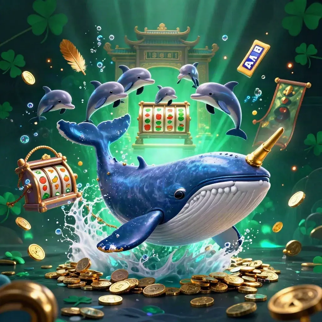 Gigantic captain whale, narwhal, and dolphins burst through coins, neon glow, temple gate, and slot icons.