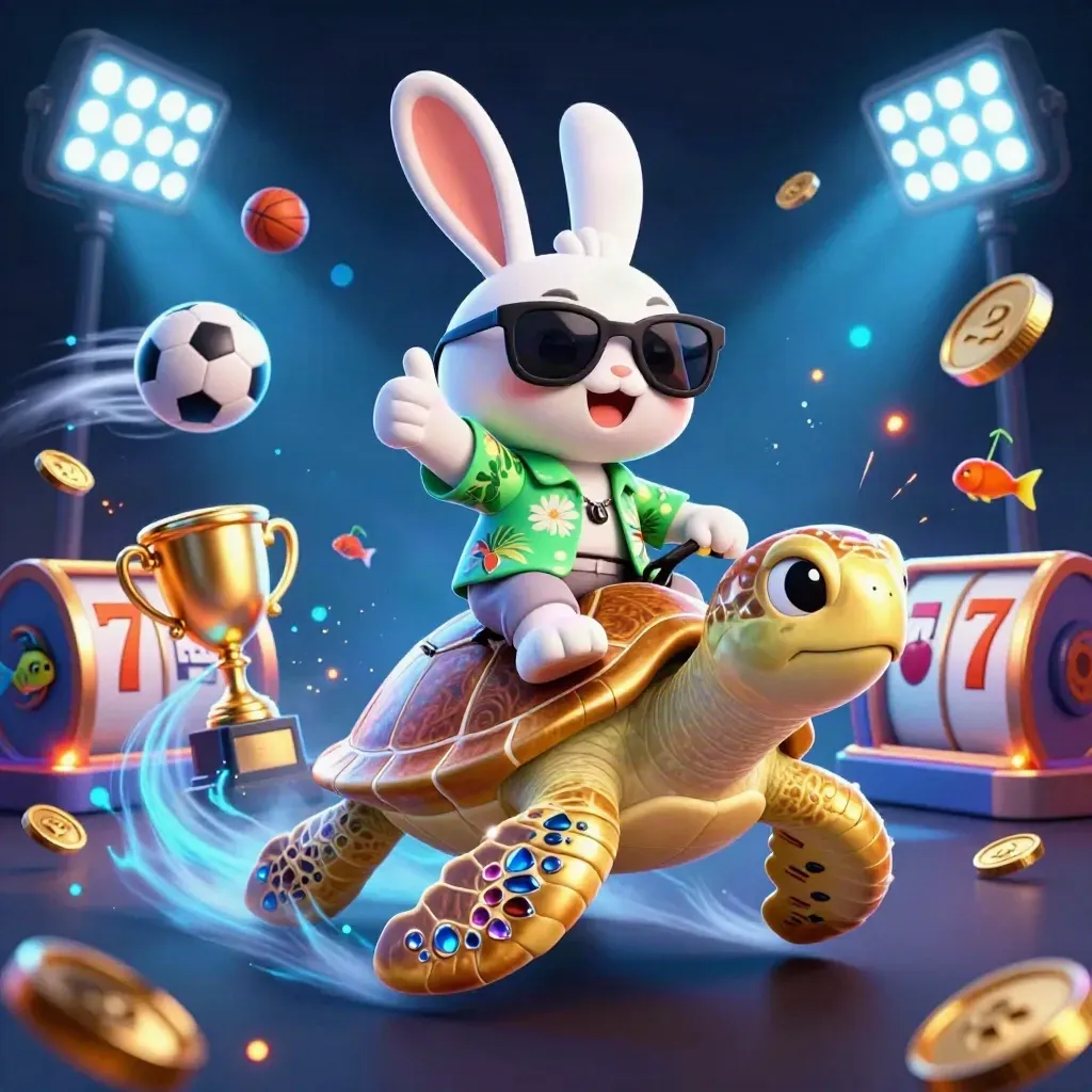 Lucky rabbit rides a gem-backed turtle amid sports balls, coins, floodlights, and neon blue casino energy.