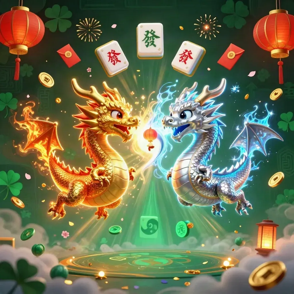 Gold and silver dragons entwined with fire and ice, surrounded by lanterns, coins, and petals.