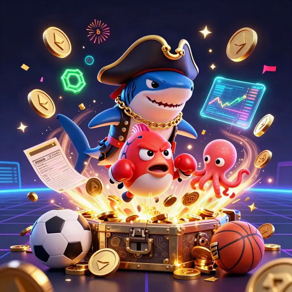 Shark captain, boxing pufferfish, and juggling octopus amid coins, fireworks, and neon loot.