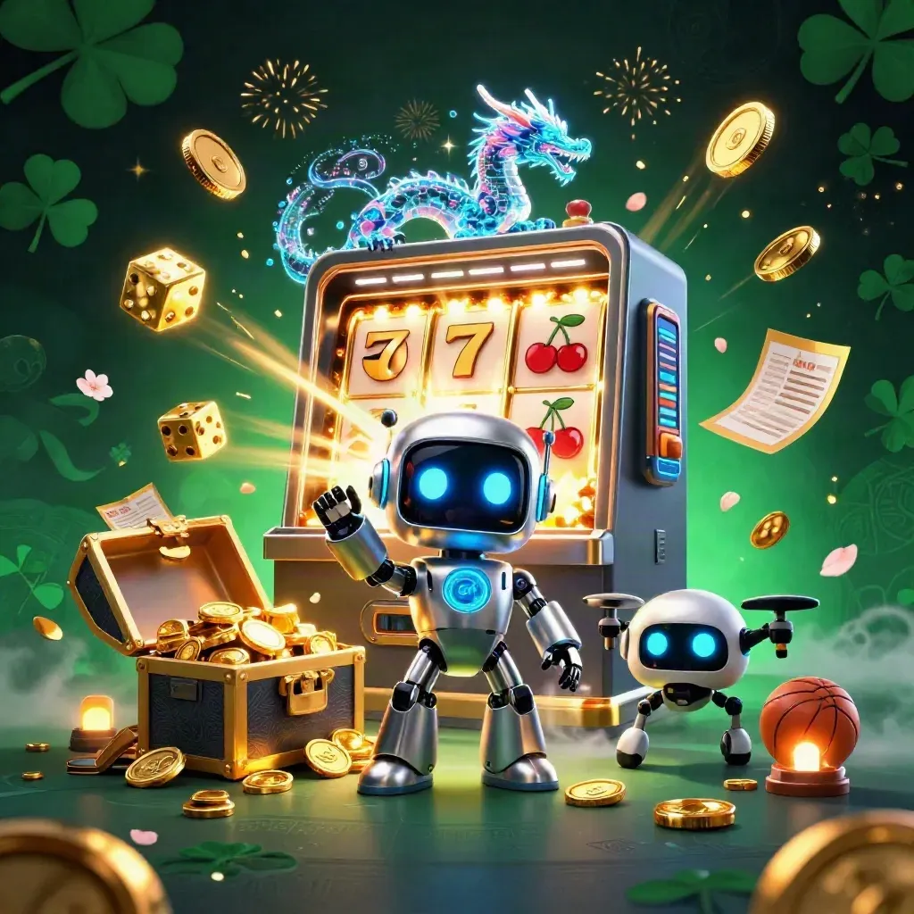 Cyberpunk robot, hologram dragon, and coin drone amid bursting slots, gold coins, and fireworks
