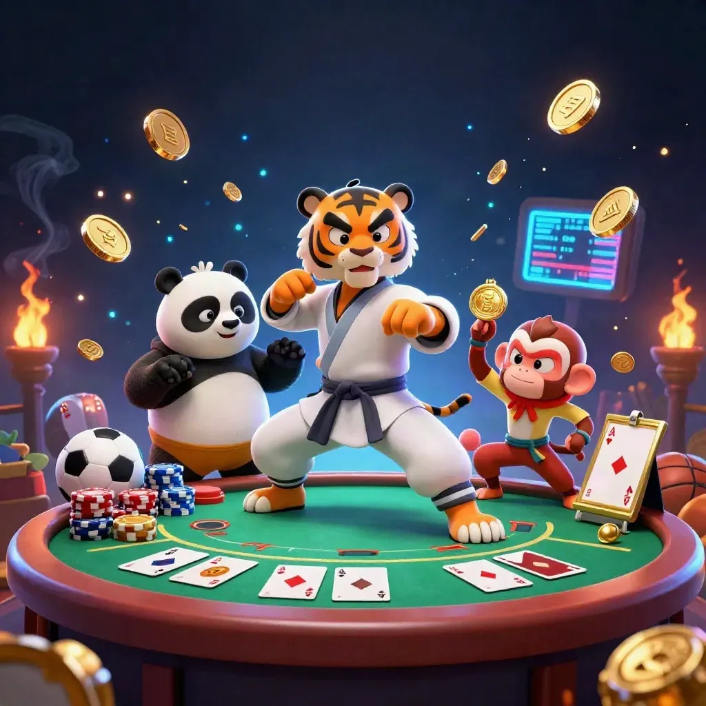 Kung-fu tiger, panda, and monkey amid casino chips, cards, treasure, coins, fireworks, and neon glow