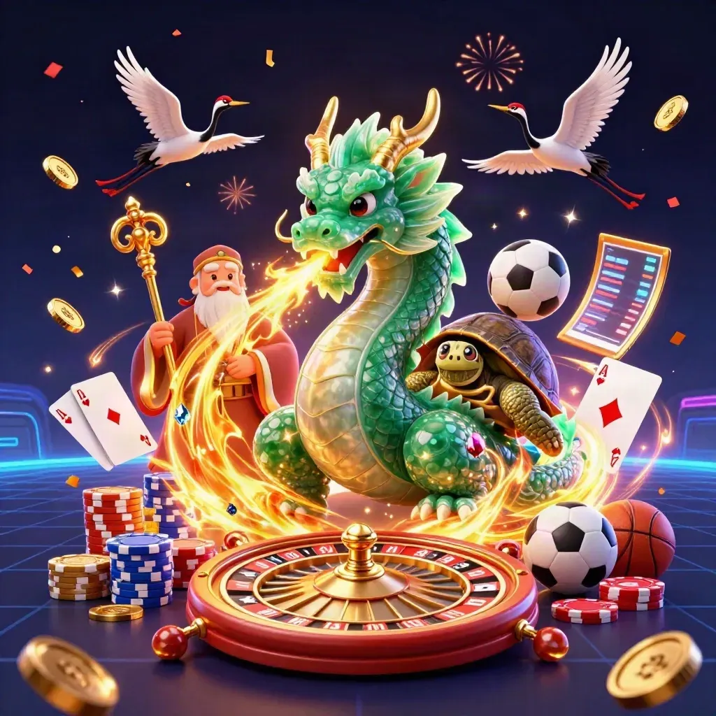 Dragon, turtle sage, and cranes amid coins, chips, gems, and fireworks in neon casino style