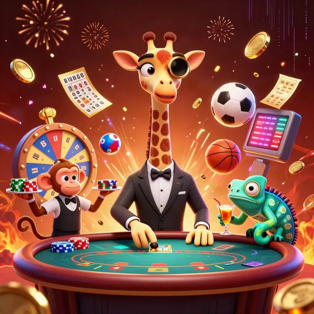 Giraffe, monkey, and chameleon celebrate amid gold coins, neon streaks, fireworks, and casino props.