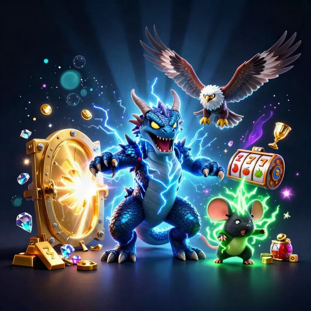Thunder dragon, glowing hawk, and static mouse burst from a golden vault with casino loot.