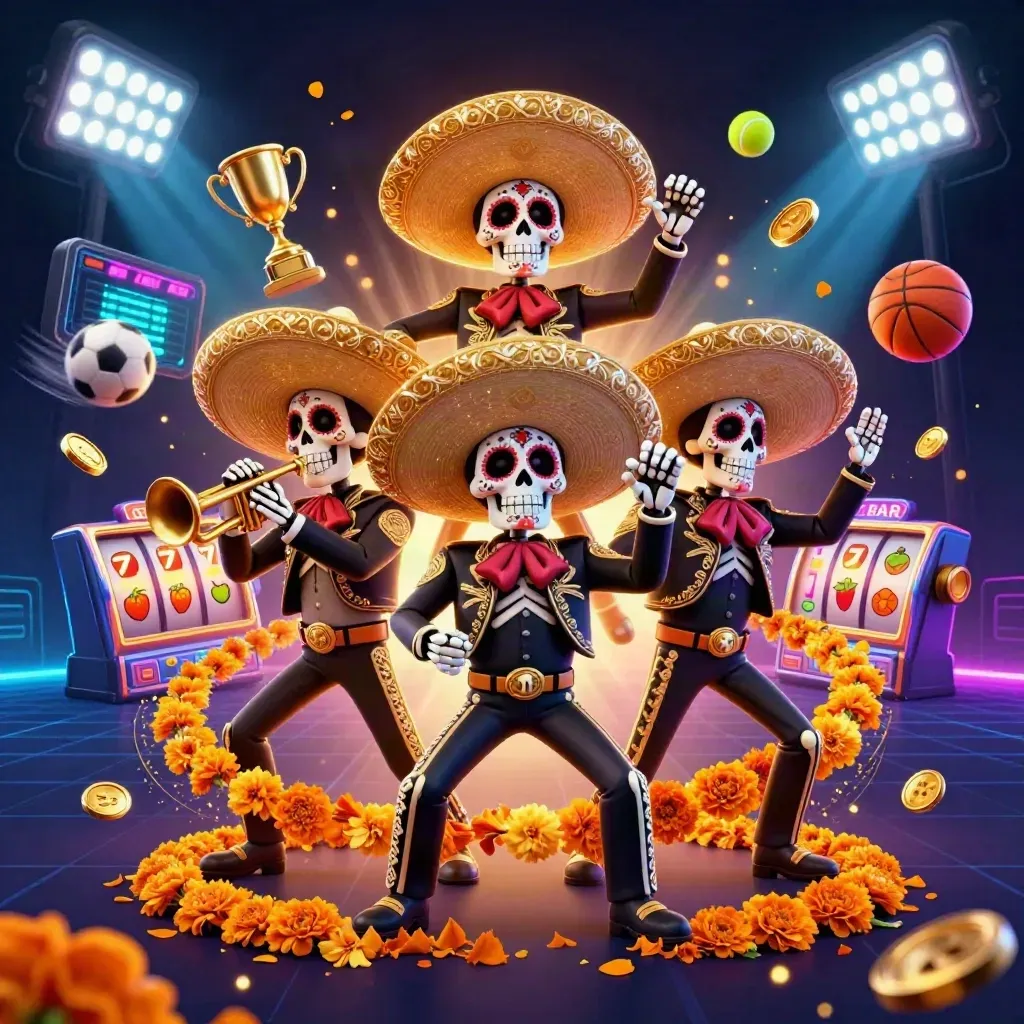 Day-of-the-Dead mariachi skeleton trio amid sports balls, coins, trophy, and neon casino effects