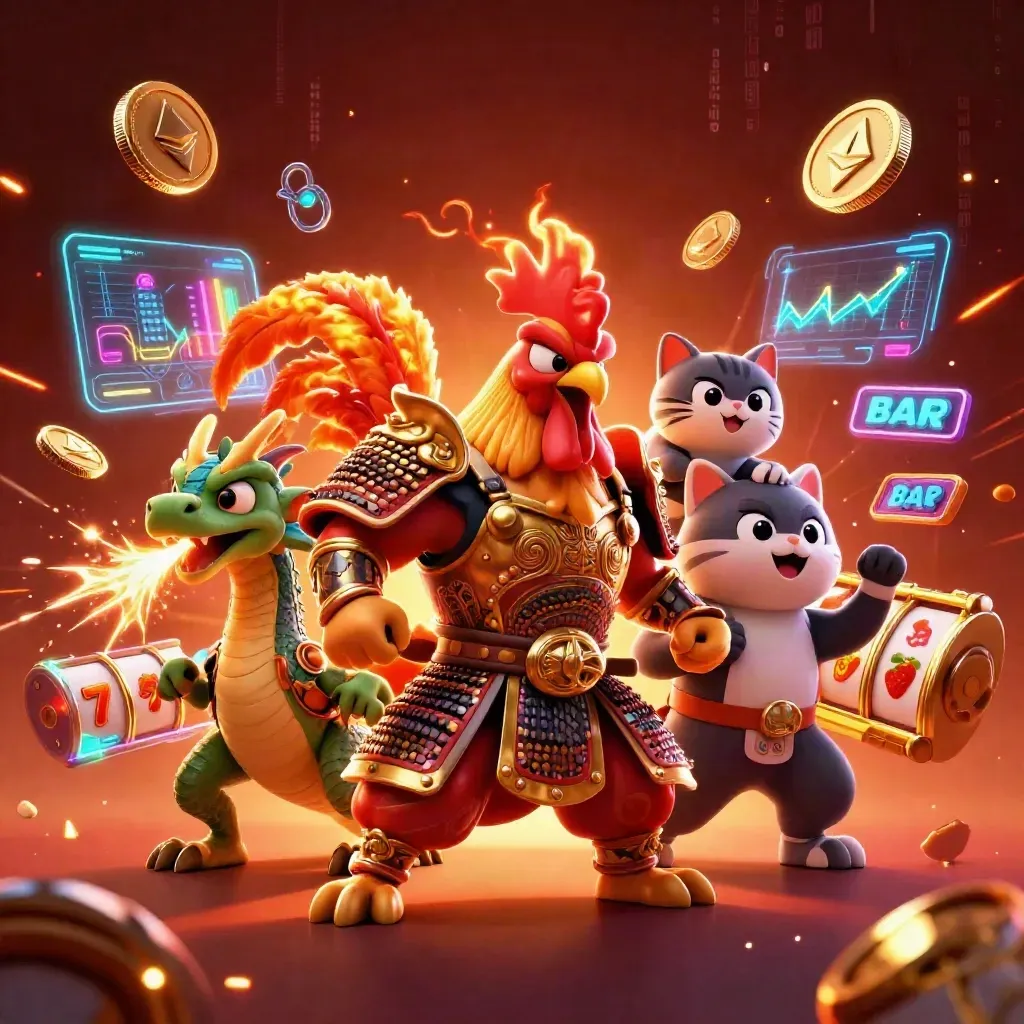 Rooster warrior, dragon hatchling and fortune cat amid neon coins and casino energy.