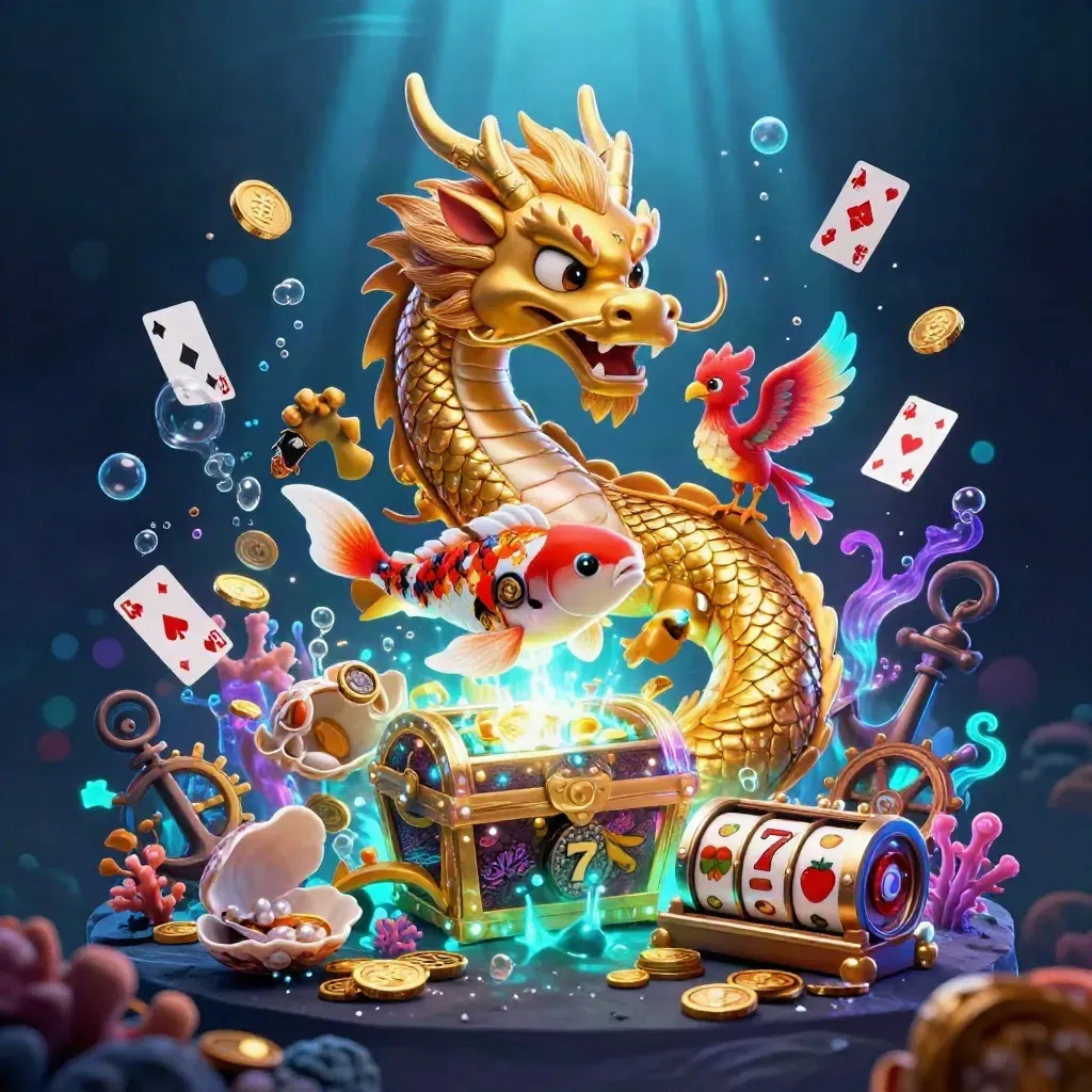 Golden dragon with phoenix and koi amid underwater treasure, neon casino glow
