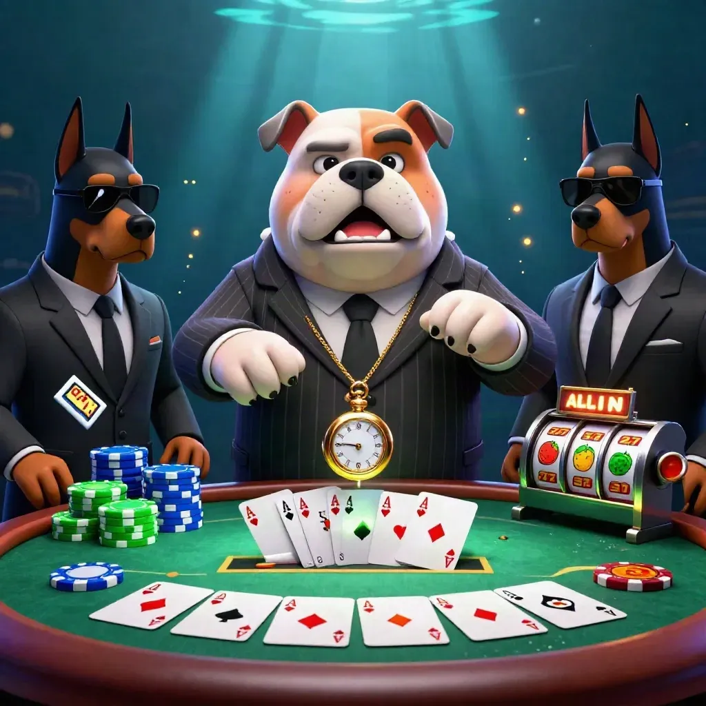 Bulldog boss and Doberman bodyguards at a neon poker table underwater glow.