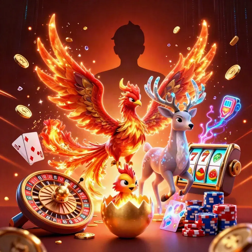 Fire phoenix, baby phoenix, and crystal stag amid casino coins, cards, chips, and neon effects.