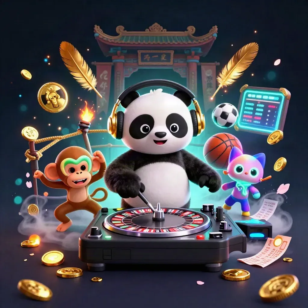 DJ panda, monkey, and rave kitten in a neon casino scene with coins and sparks.