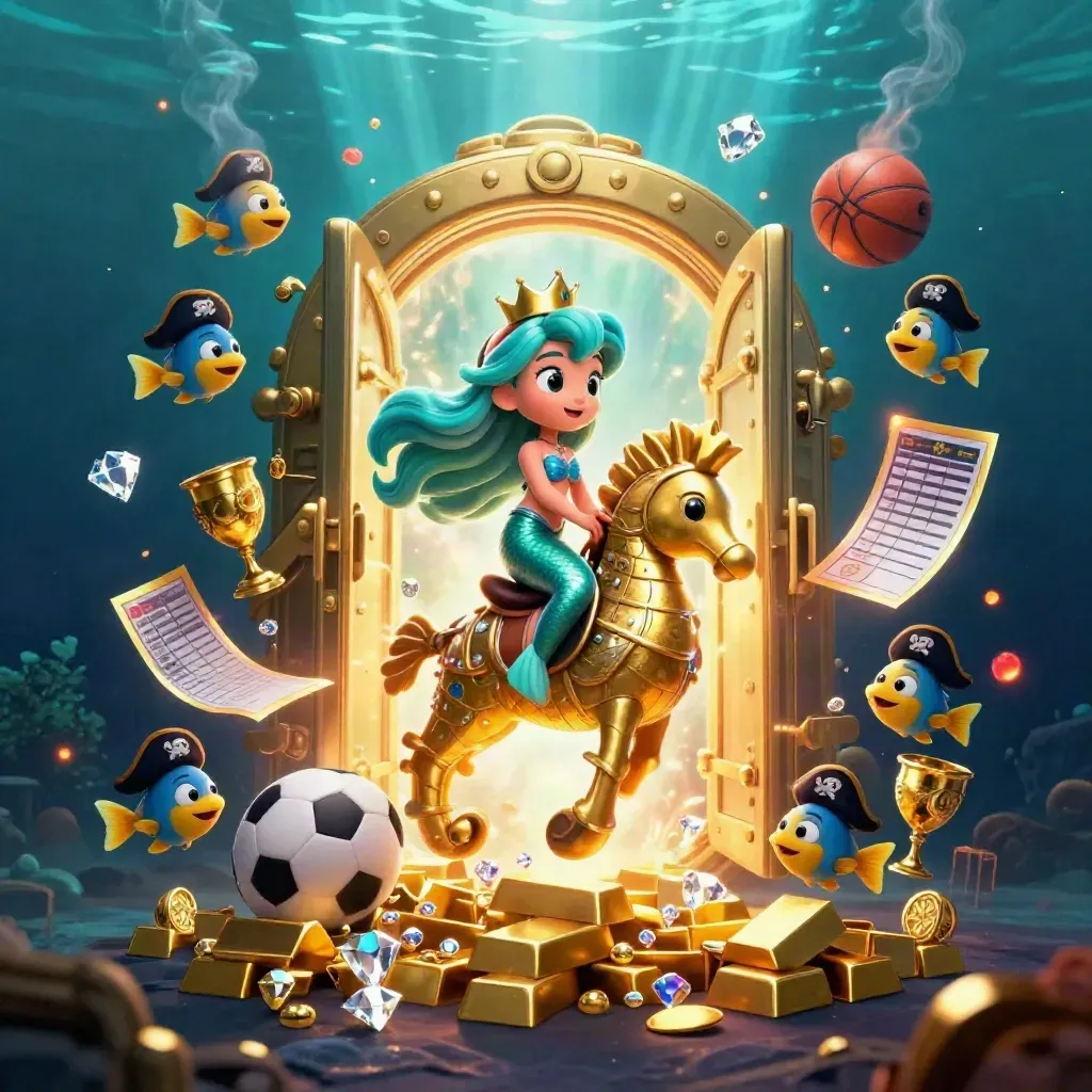 Mermaid princess rides a gold seahorse amid treasure, fish, and casino game icons underwater.