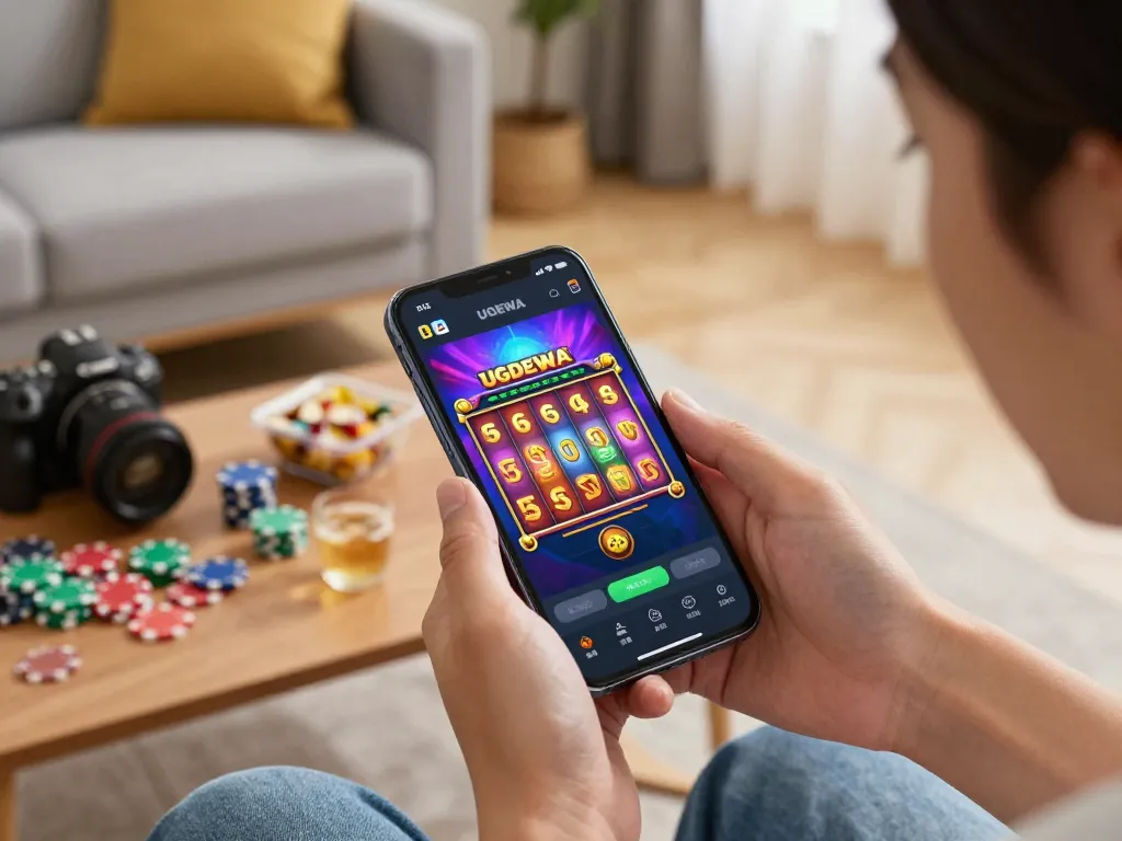 Engaging gameplay on the UGDEWA app showcasing an exciting slot game in a cozy home environment.