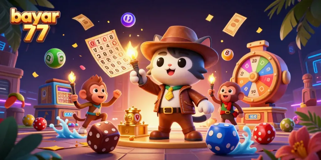 Engage in exciting gaming action with bayar 77 while an adventurous cat uncovers casino treasures.