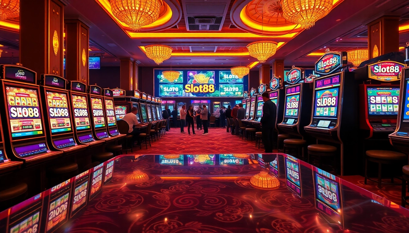 Exciting gaming scene with vibrant slot88 machines in a luxurious casino atmosphere.