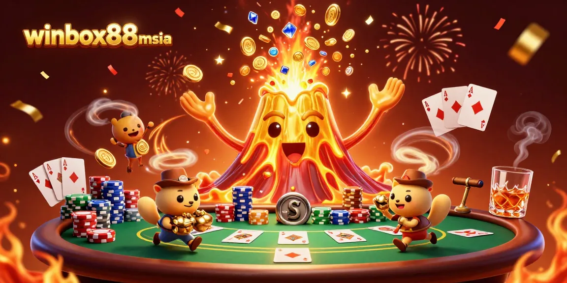 Winbox88msia celebrates winning moments with an erupting volcano of treasures and lively casino action.